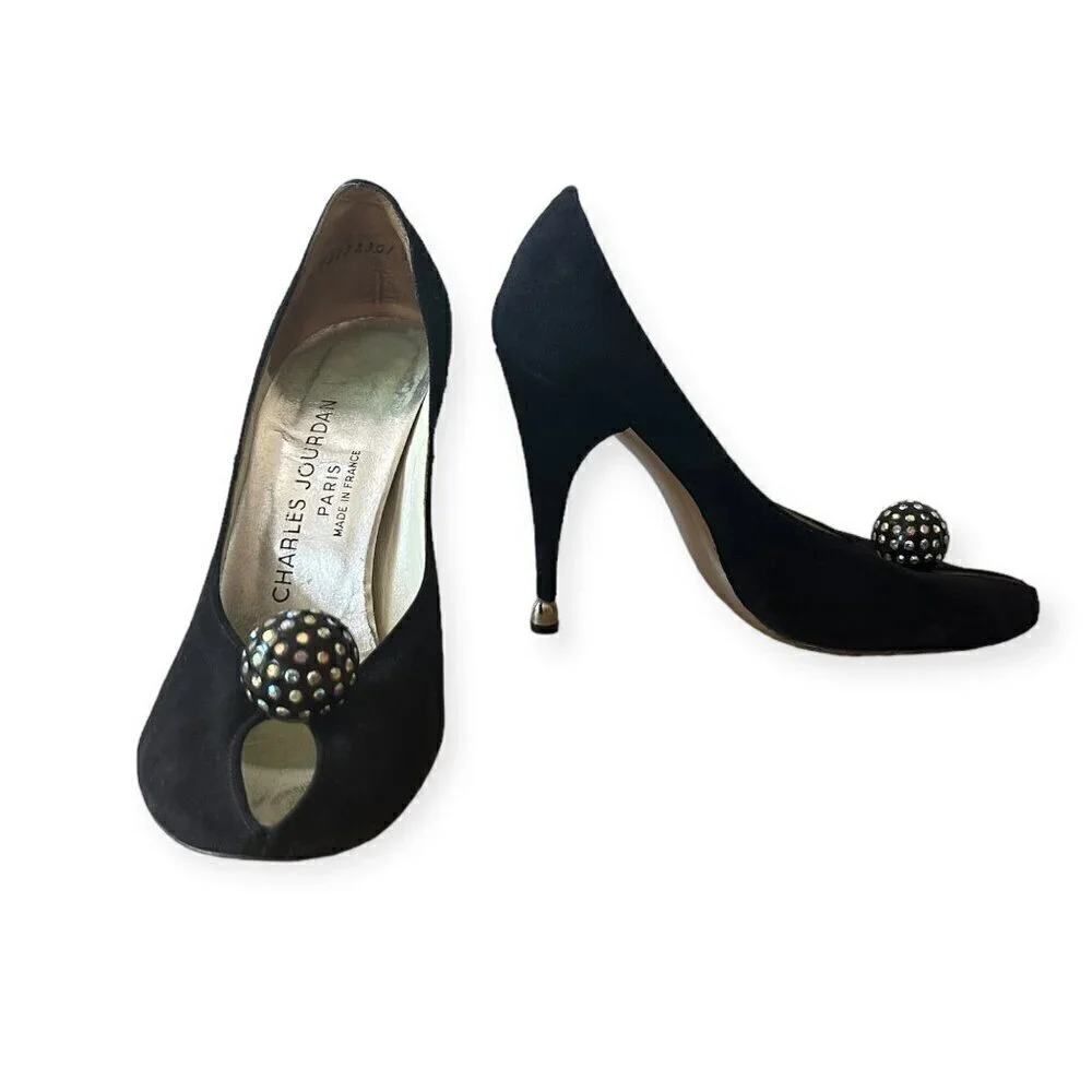 Vintage Charles Jourdan‎ Black Suede Heel with Rhinestone Ball. Size 7 2A